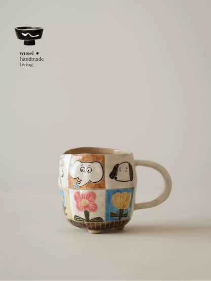 Hand-Painted Animal Mug - Colorful Plaid Stoneware