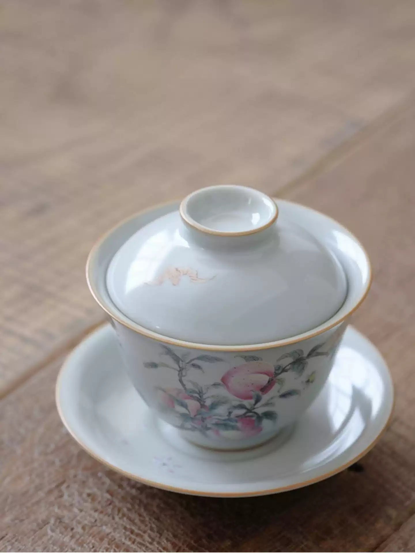 Sky-Blue Ru Ware Gaiwan with Hand-Painted Peach Design