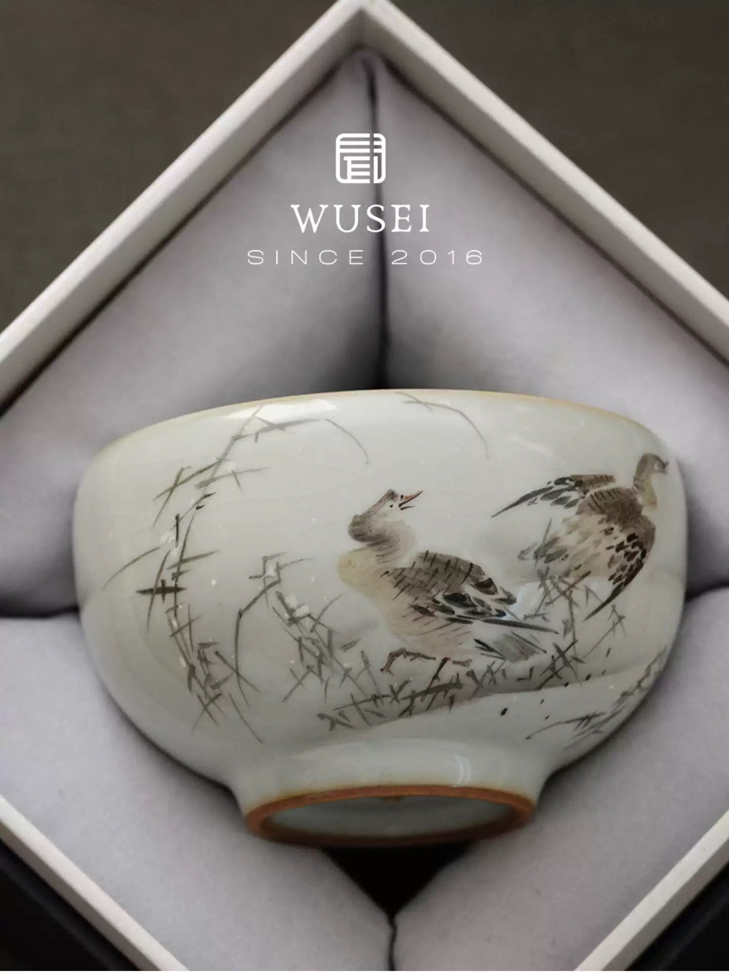 Hand-Painted Sky-Blue Ru Glaze Tea Cup – Snowy Geese