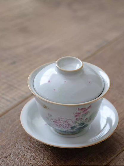 Sky-Blue Ru Kiln Gaiwan, Hand-Painted Red Hibiscus