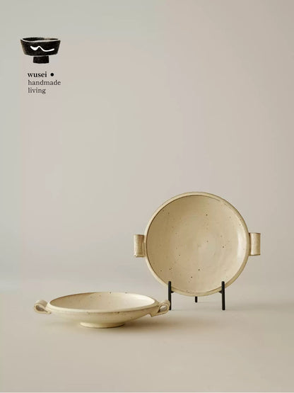 Handmade Stoneware Footed Plate, Wabi-Sabi Glaze, Handles