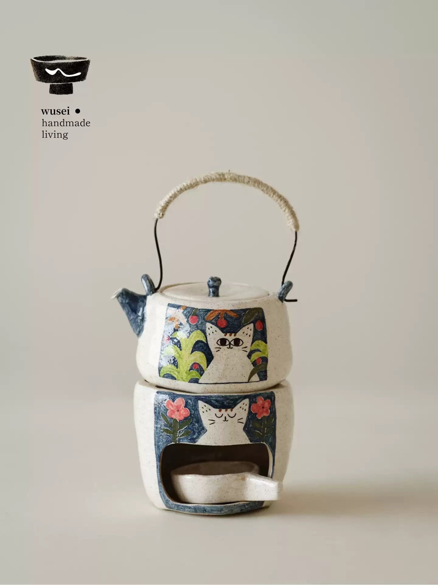 Hand-Painted Cat Teapot & Warmer Set, Stoneware