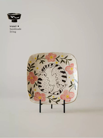 Vintage Hand-Painted Ceramic Cat & Floral Square Tray