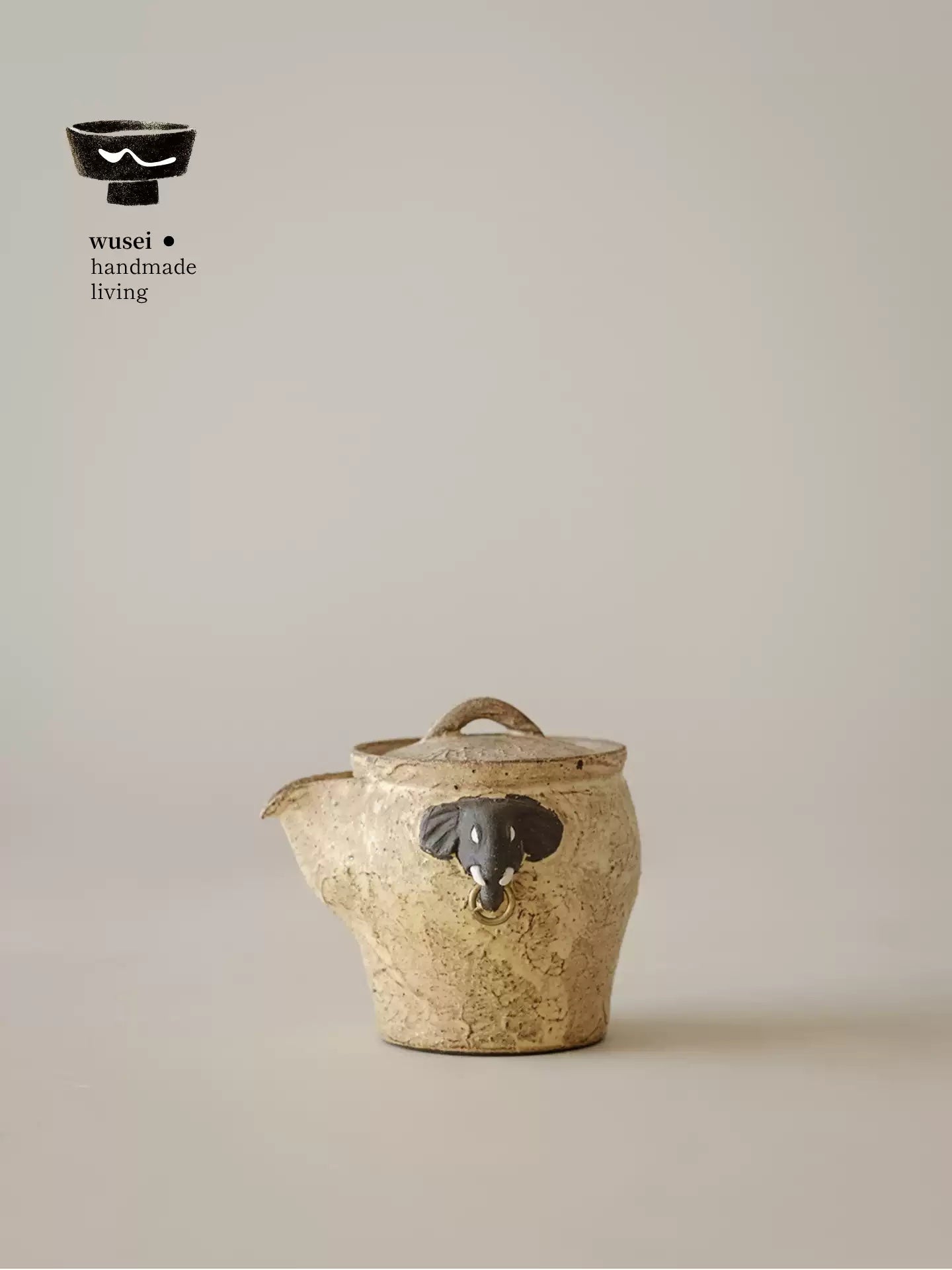 Hand-Painted Rustic Clay Teapot with Elephant Handle