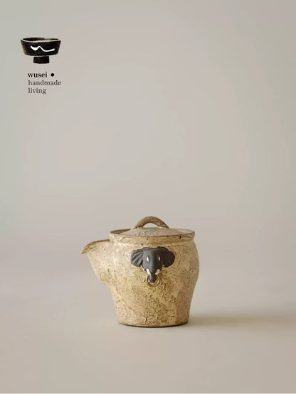 Hand-Painted Rustic Clay Teapot with Elephant Handle