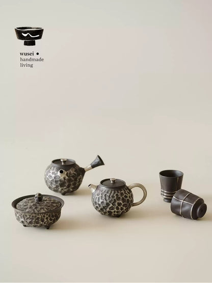Old Rock Clay Teapot Set with Silver Accents, Wabi-Sabi Japanese Style