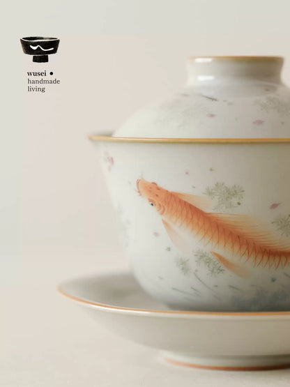 Hand-Painted Sky-Blue Ru Kiln Gaiwan with Fish Motif