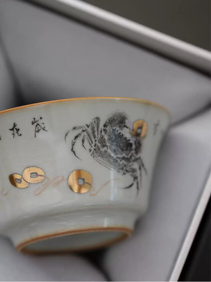 Hand-Painted Ru-Glazed Tea Cup – Sky-Blue Fortune Crab