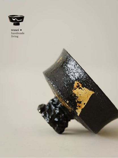 Lacquered Wabi-Sabi Gold-Leaf Stem Cup with Scholar Stone Base