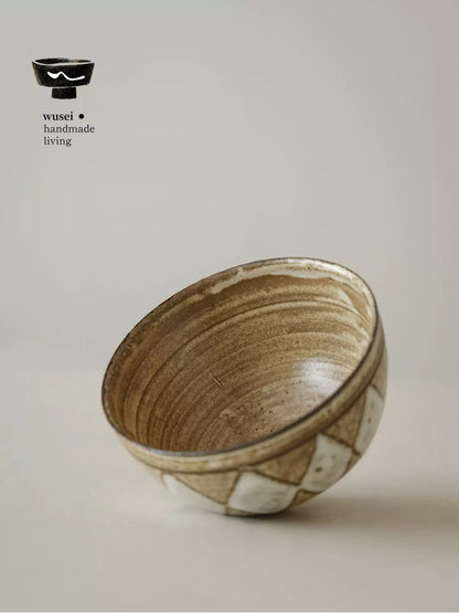 Handmade Stoneware Bowl, Diamond Pattern, Rustic Glaze