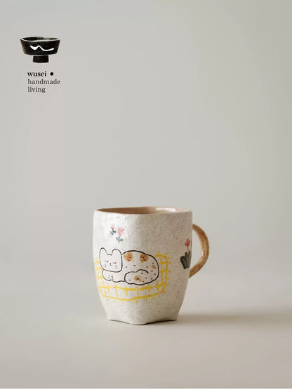 Hand-Painted Cat Coffee Mug Set – Playful Ceramic Pair for Home