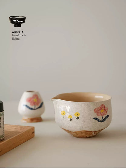 Hand-Painted Ceramic Cat Matcha Bowl Set with Whisk Holder