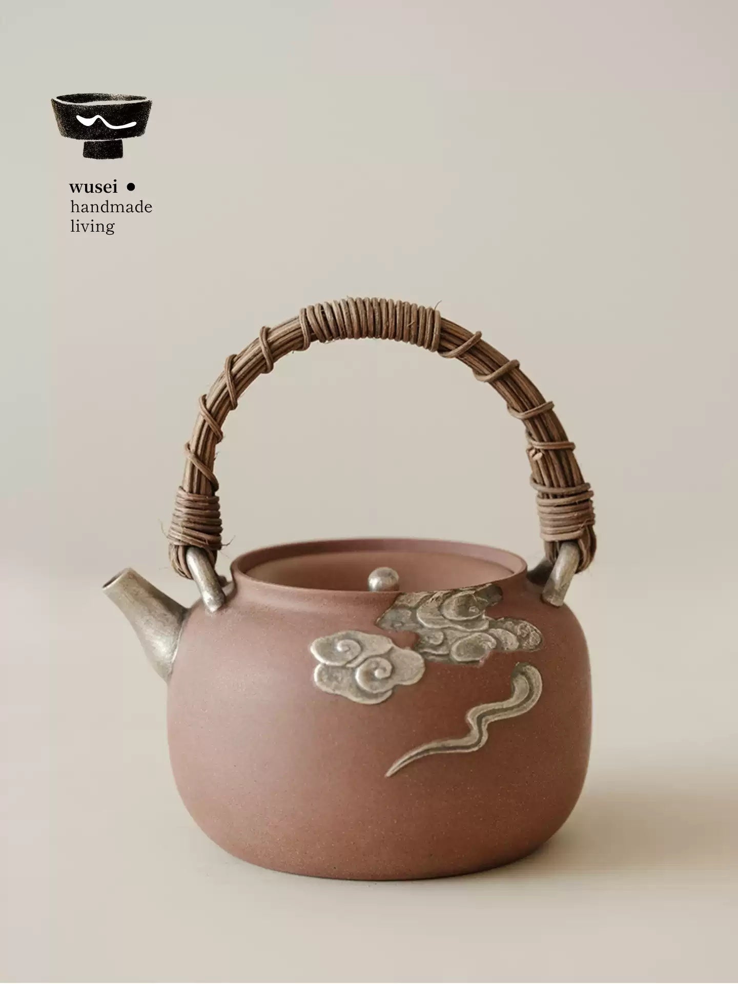 Stoneware Teapot & Charcoal Stove Set with Silver Clouds
