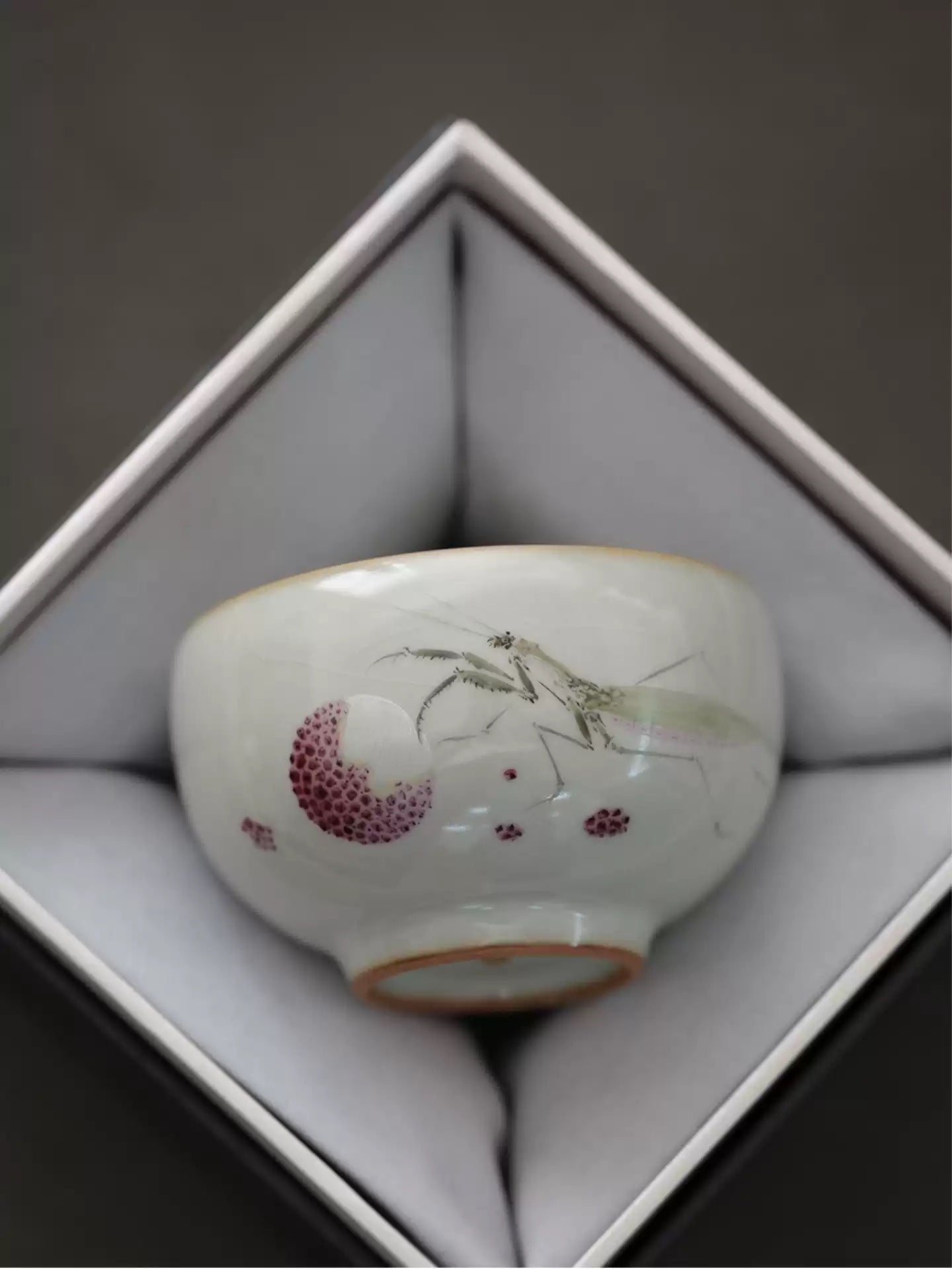 Hand-Painted Sky-Blue Ru Kiln Tea Cup with Lychee & Mantis