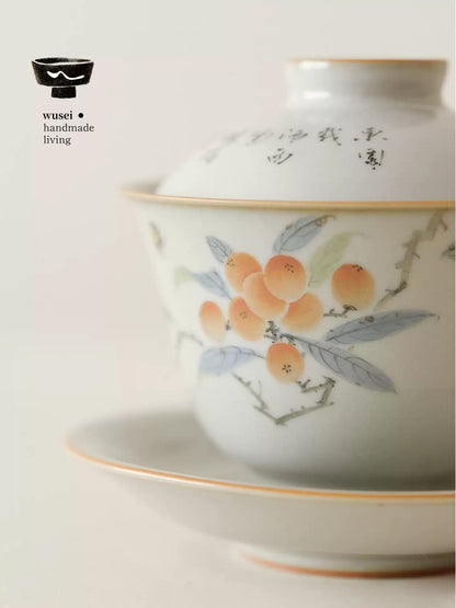 Hand-Painted Loquat Gaiwan – Sky-Blue Ru Ware