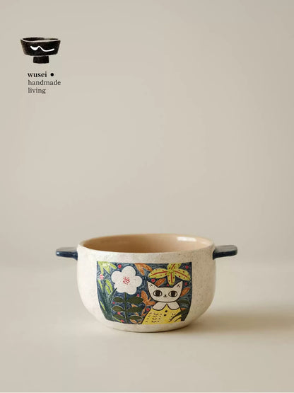 Hand-Painted Cat Stoneware Ramen Bowl with Double Handles
