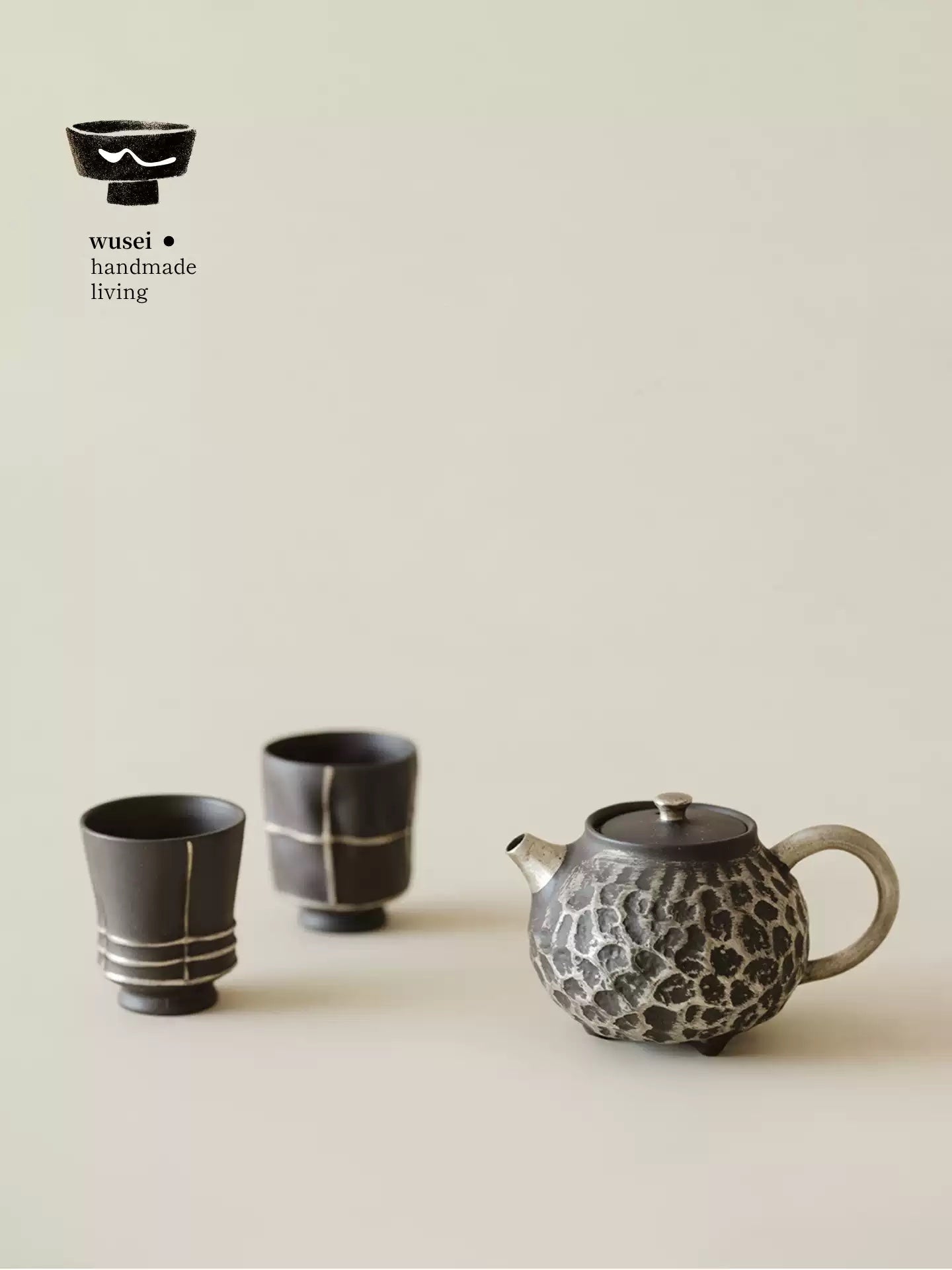 Old Rock Clay Teapot Set with Silver Accents, Wabi-Sabi Japanese Style