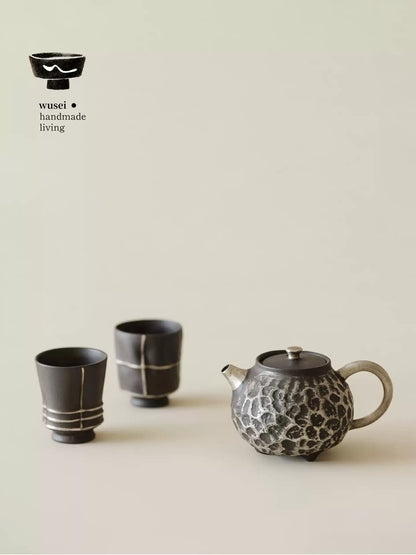 Old Rock Clay Teapot Set with Silver Accents, Wabi-Sabi Japanese Style