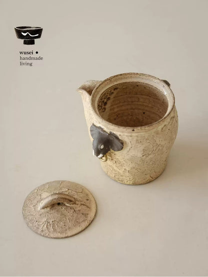 Hand-Painted Rustic Clay Teapot with Elephant Handle