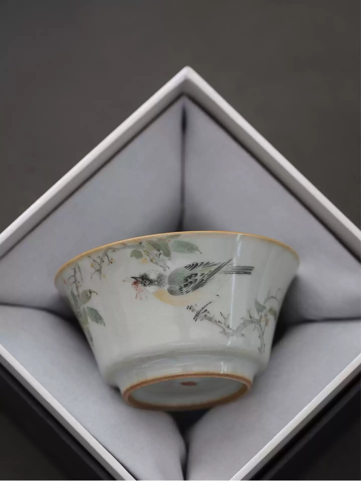 Hand-Painted Ru-Kiln Teacup – Sky Blue with Birds & Blooms
