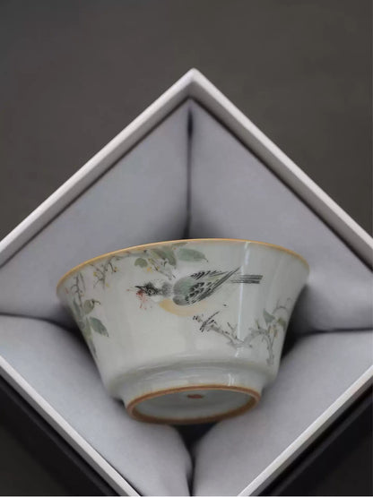 Hand-Painted Ru-Kiln Teacup – Sky Blue with Birds & Blooms