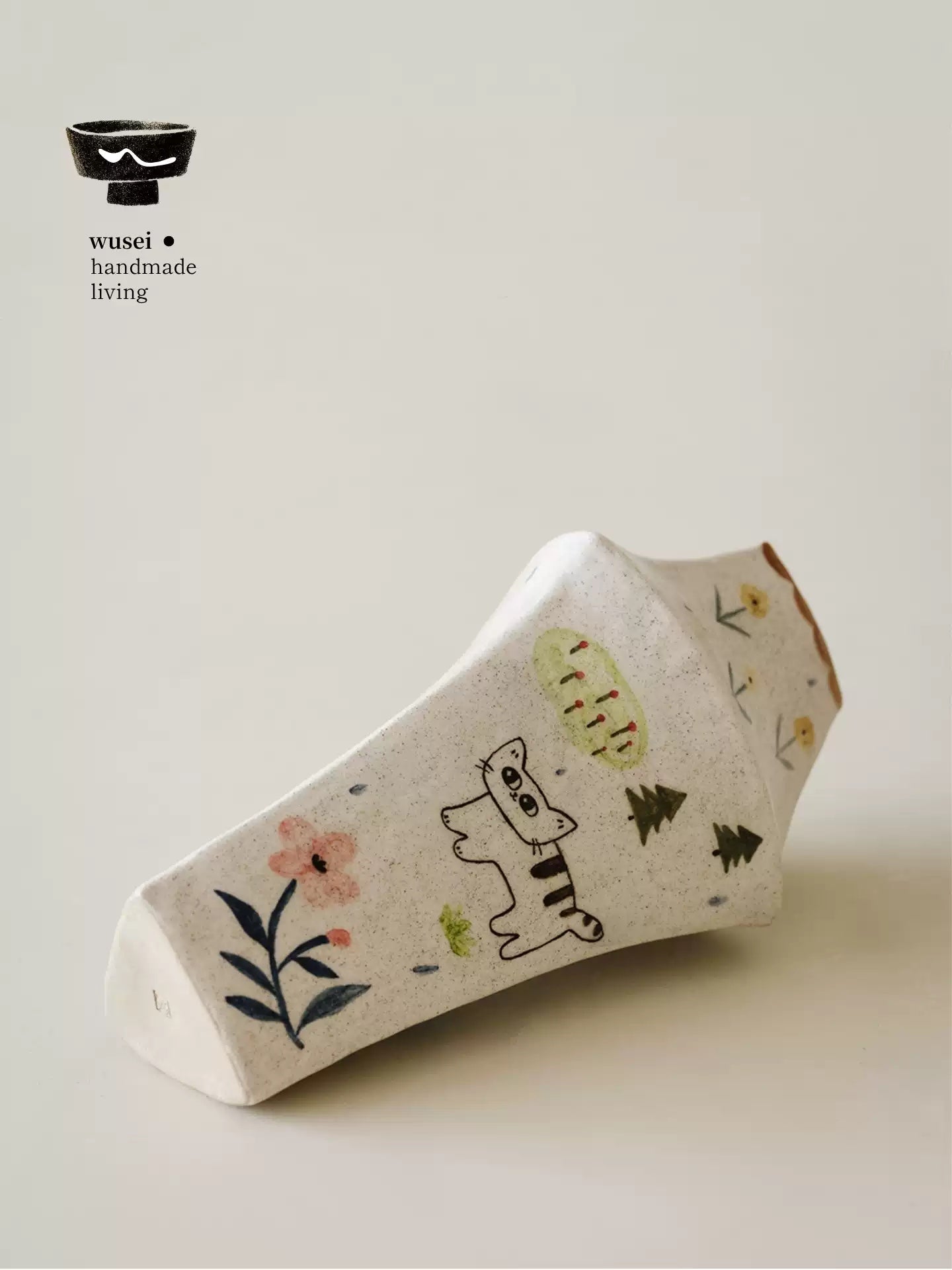 Hand-Painted Ceramic Triangle Vase with Storybook Cat Scene