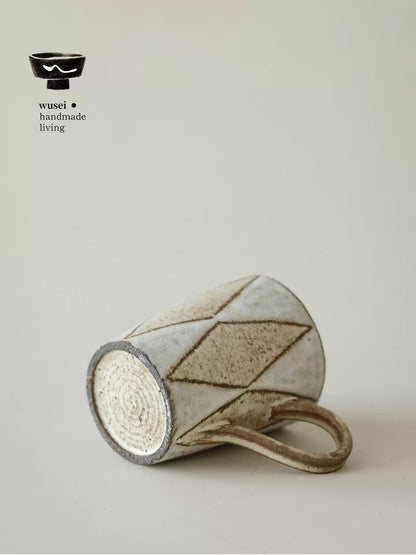 Hand-Thrown Slip-Glazed Stoneware Mug with Diamond Motif