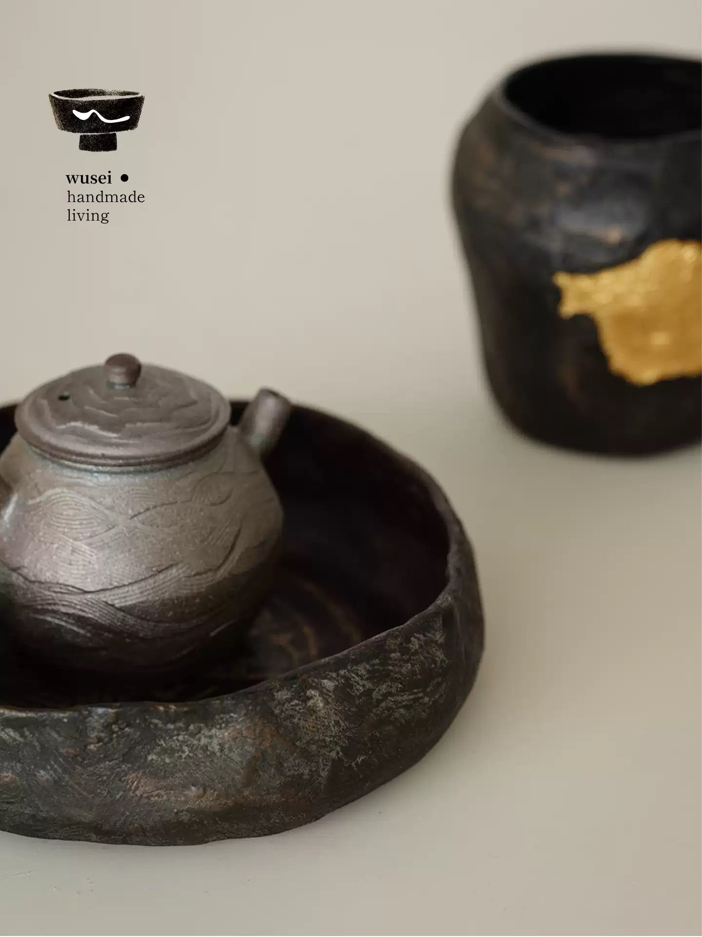 Lacquer Tea Tray with Ancient Bird Motif, Handmade Wabi-Sabi