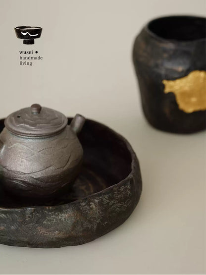 Lacquer Tea Tray with Ancient Bird Motif, Handmade Wabi-Sabi