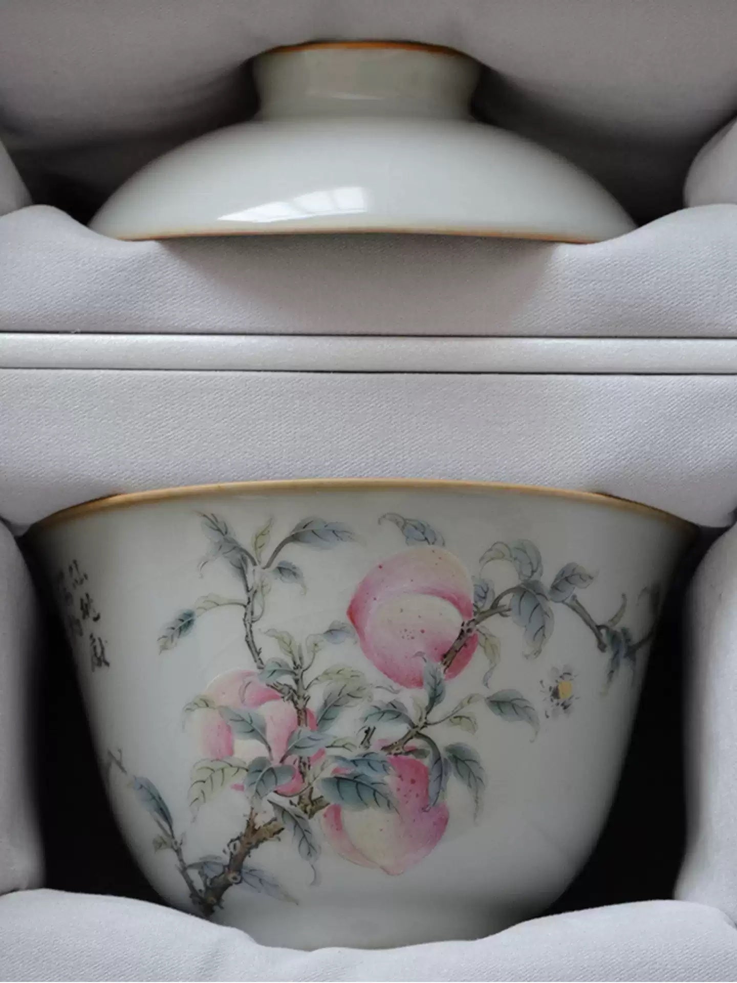 Sky-Blue Ru Ware Gaiwan with Hand-Painted Peach Design