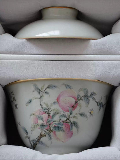 Sky-Blue Ru Ware Gaiwan with Hand-Painted Peach Design