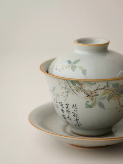 Hand-Painted Sky-Blue Ru Gaiwan with Osmanthus Design