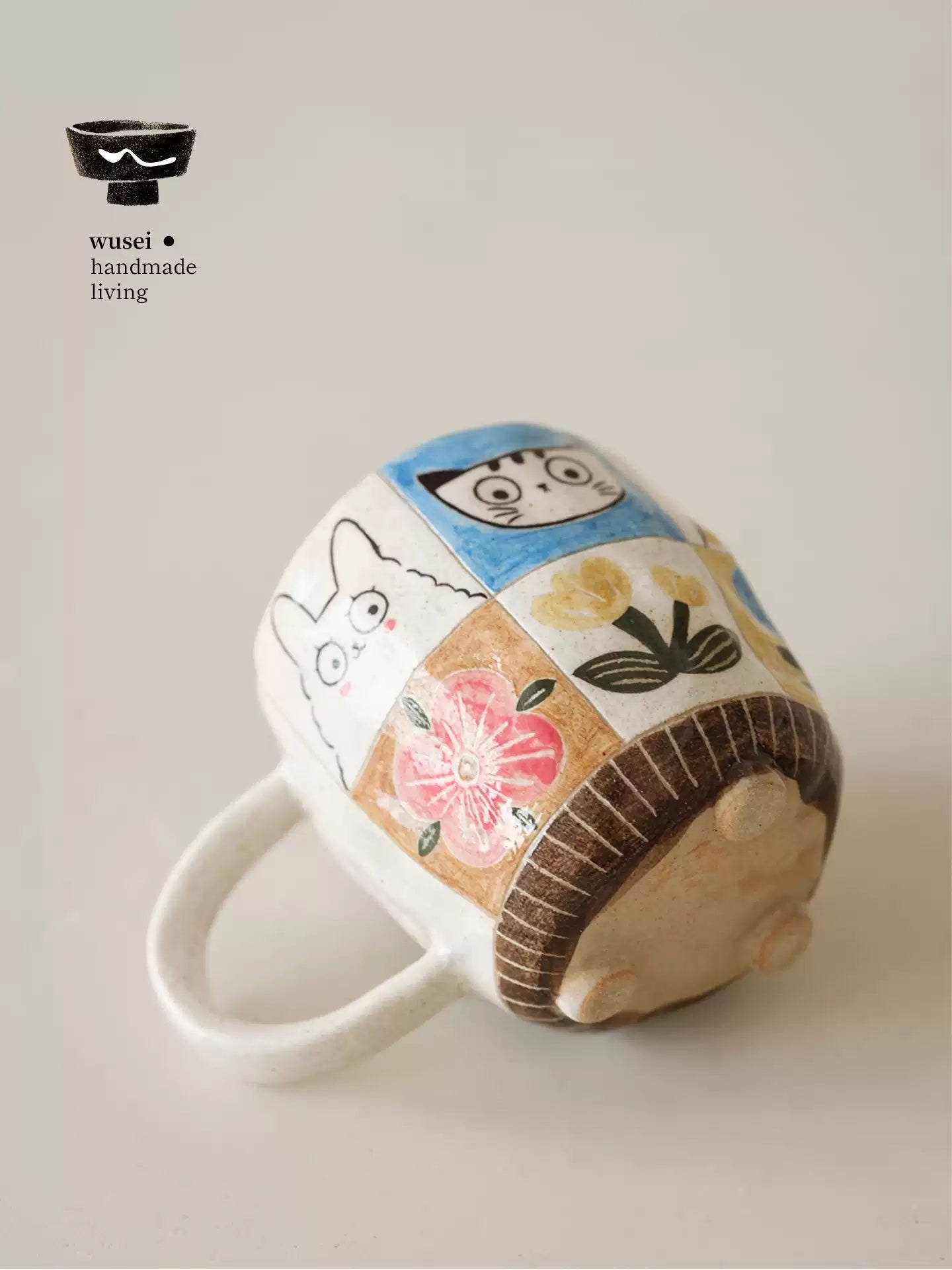 Hand-Painted Animal Mug - Colorful Plaid Stoneware