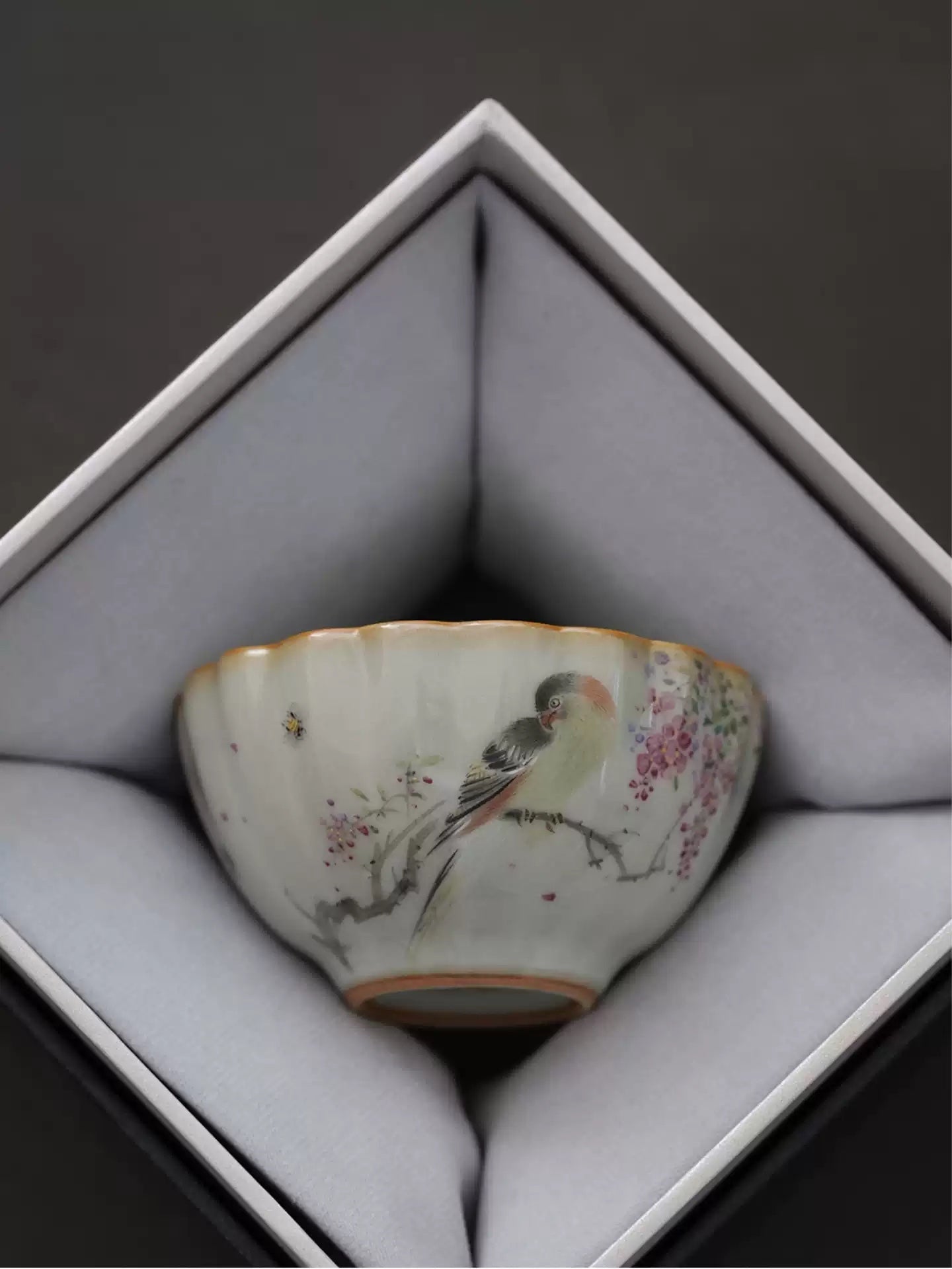 Hand-Painted Sky-Blue Ru Ware Tea Cup with Bird & Flowers