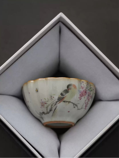 Hand-Painted Sky-Blue Ru Ware Tea Cup with Bird & Flowers