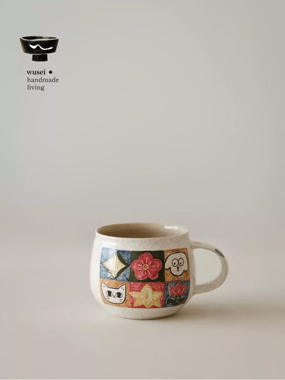 Checkered Ceramic Mug with Hand-Painted Cats