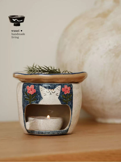 Hand-Painted Ceramic Aroma Burner with Cat Motif