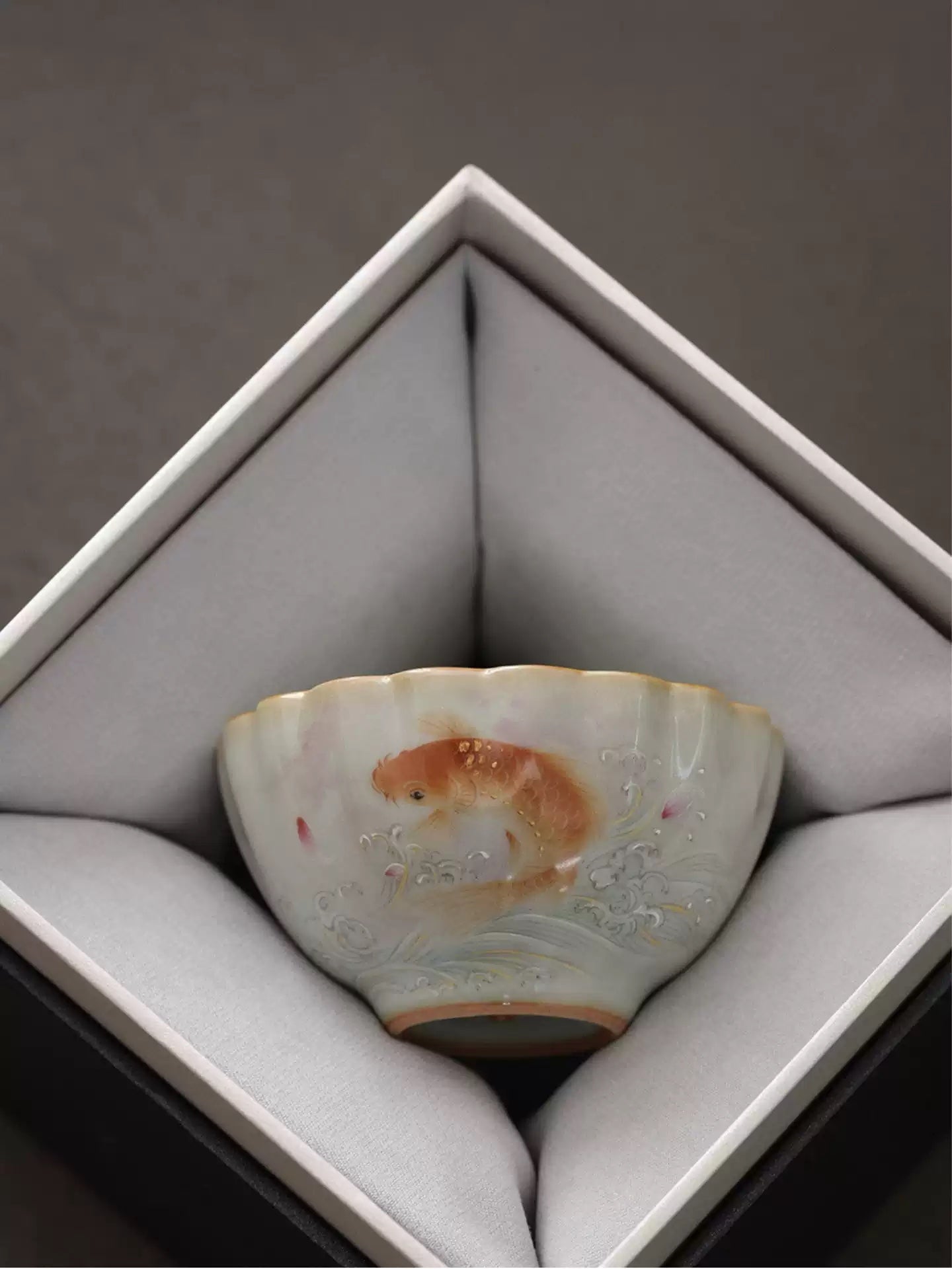 Sky-Blue Ru Ware Tea Cup, Hand-Painted Fish Motif