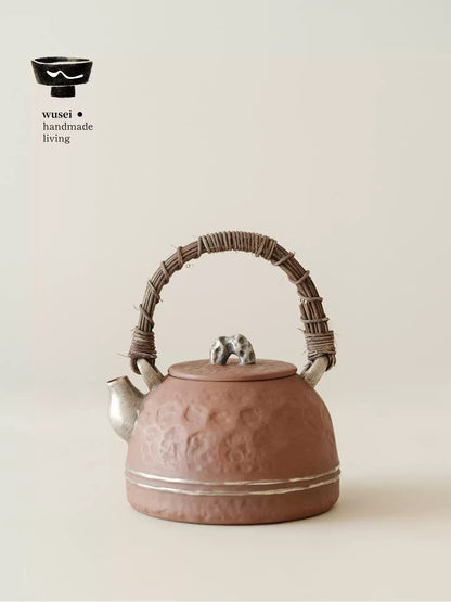 Taihu Stone Handle Teapot & Charcoal Stove Set, Aged Rock Clay with Silver & Powder Glaze