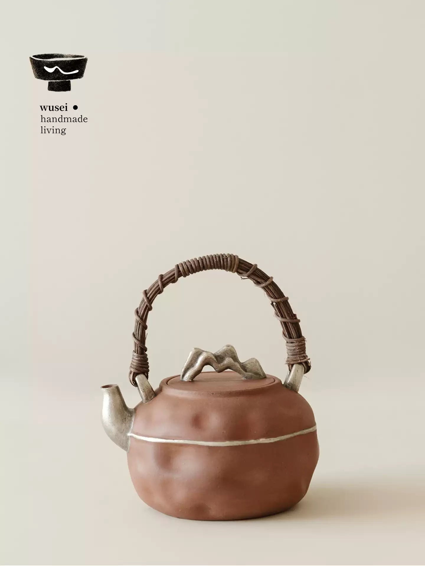 Rustic Clay Teapot & Charcoal Stove Set with Silver Wash