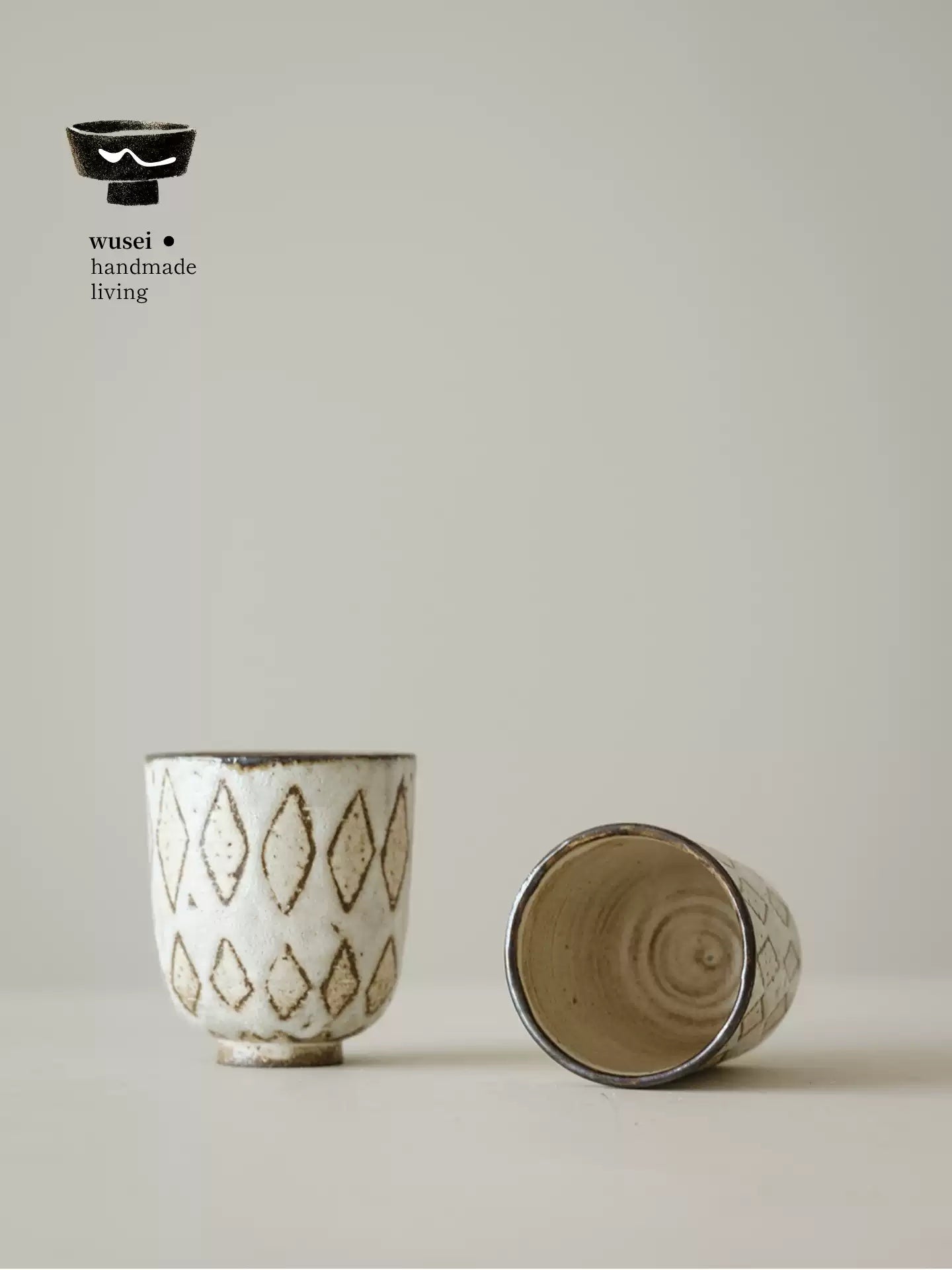 Handmade Wabi-Sabi Stoneware Cup with Diamond Pattern