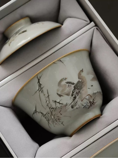 Hand-Painted Sky-Blue Ru Glaze Tea Cup – Snowy Geese