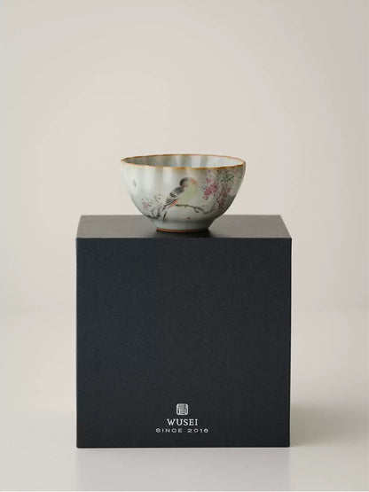 Hand-Painted Sky-Blue Ru Ware Tea Cup with Bird & Flowers