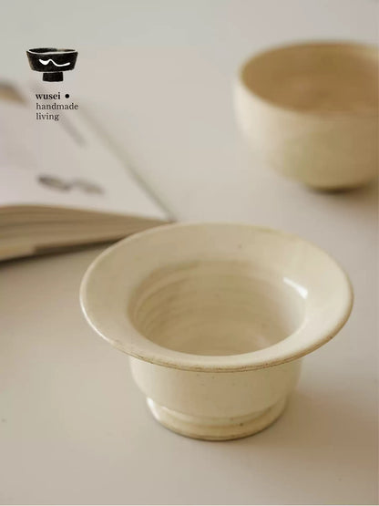 Ceramic Pedestal Bowl | Handcrafted Wabi-Sabi Stoneware in Cream White