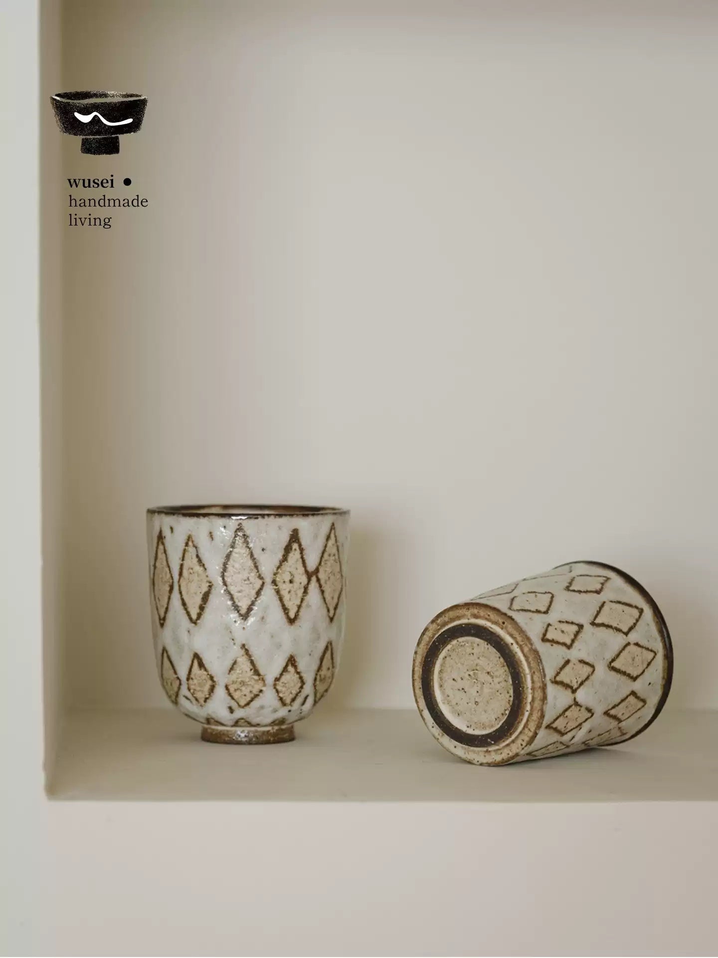 Handmade Wabi-Sabi Stoneware Cup with Diamond Pattern