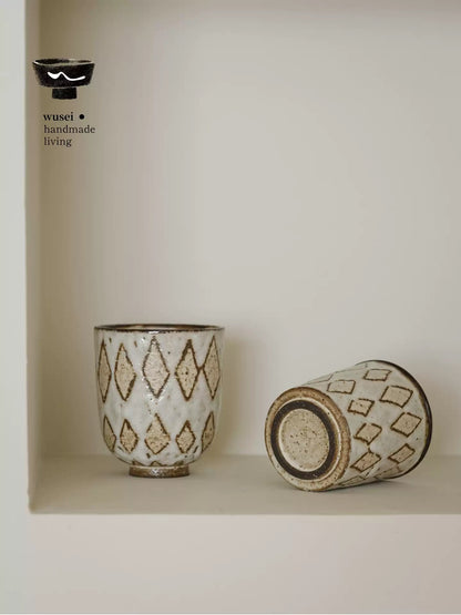 Handmade Wabi-Sabi Stoneware Cup with Diamond Pattern