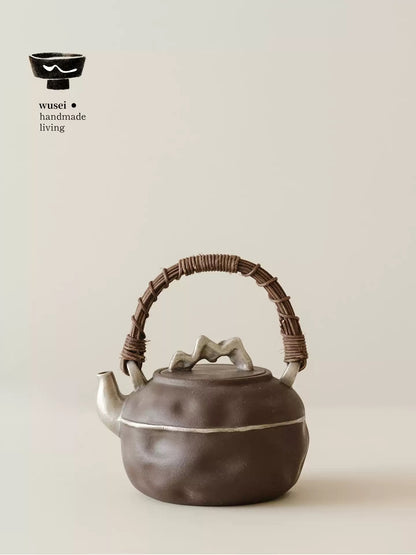 Rustic Clay Teapot & Charcoal Stove Set with Silver Wash