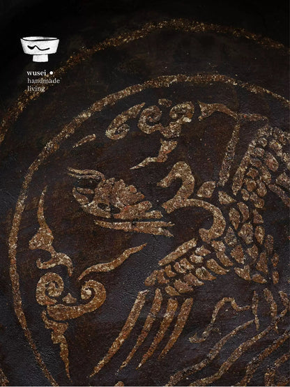 Lacquer Tea Tray with Ancient Bird Motif, Handmade Wabi-Sabi