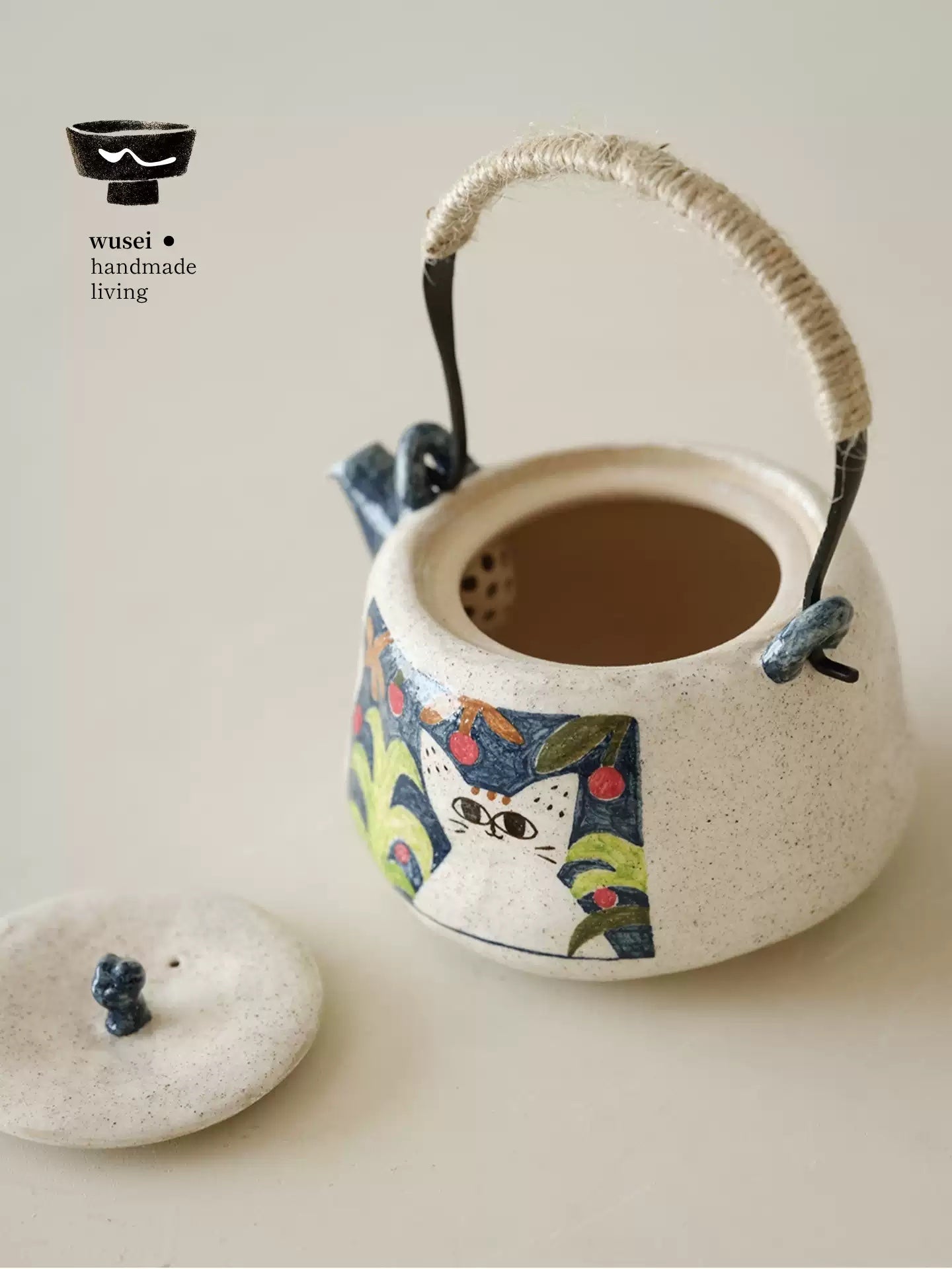 Hand-Painted Cat Teapot & Warmer Set, Stoneware