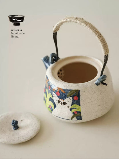 Hand-Painted Cat Teapot & Warmer Set, Stoneware